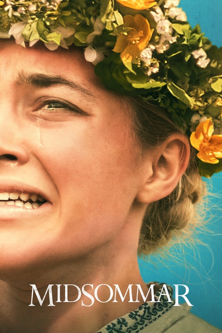Florence Pugh, in a white dress and flower crown, screams with tear-streaked face in a field of flowers in Midsommar.