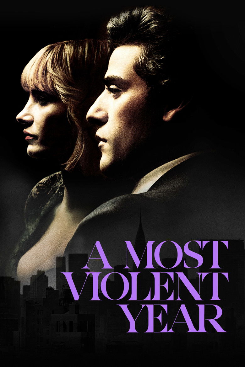 Oscar Isaac and Jessica Chastain in a tense scene from A Most Violent Year, bathed in warm, muted light.