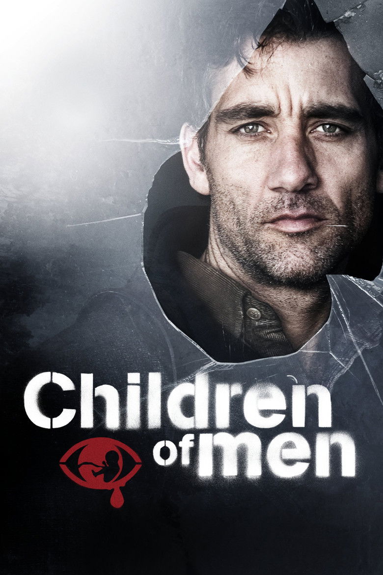 Clive Owen and Kee walking through the refugee camp in Children of Men, surrounded by rubble and smoke.
