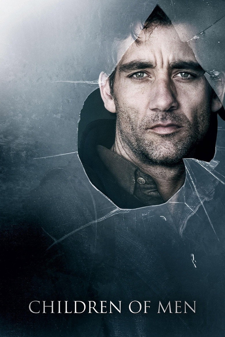 Still from Children of Men showing Clive Owen in a chaotic, war-torn urban street with a red bus